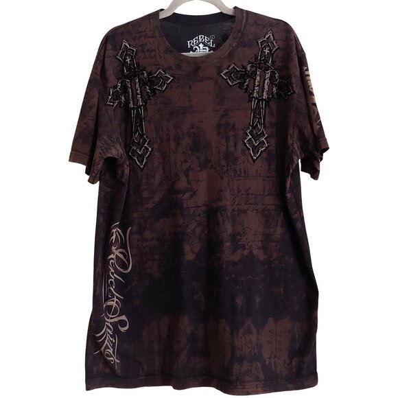 Saints By Affliction Garage Tattoo Grunge Biker Cross Angel Wings Men T-Shirt L - Picture 2 of 12